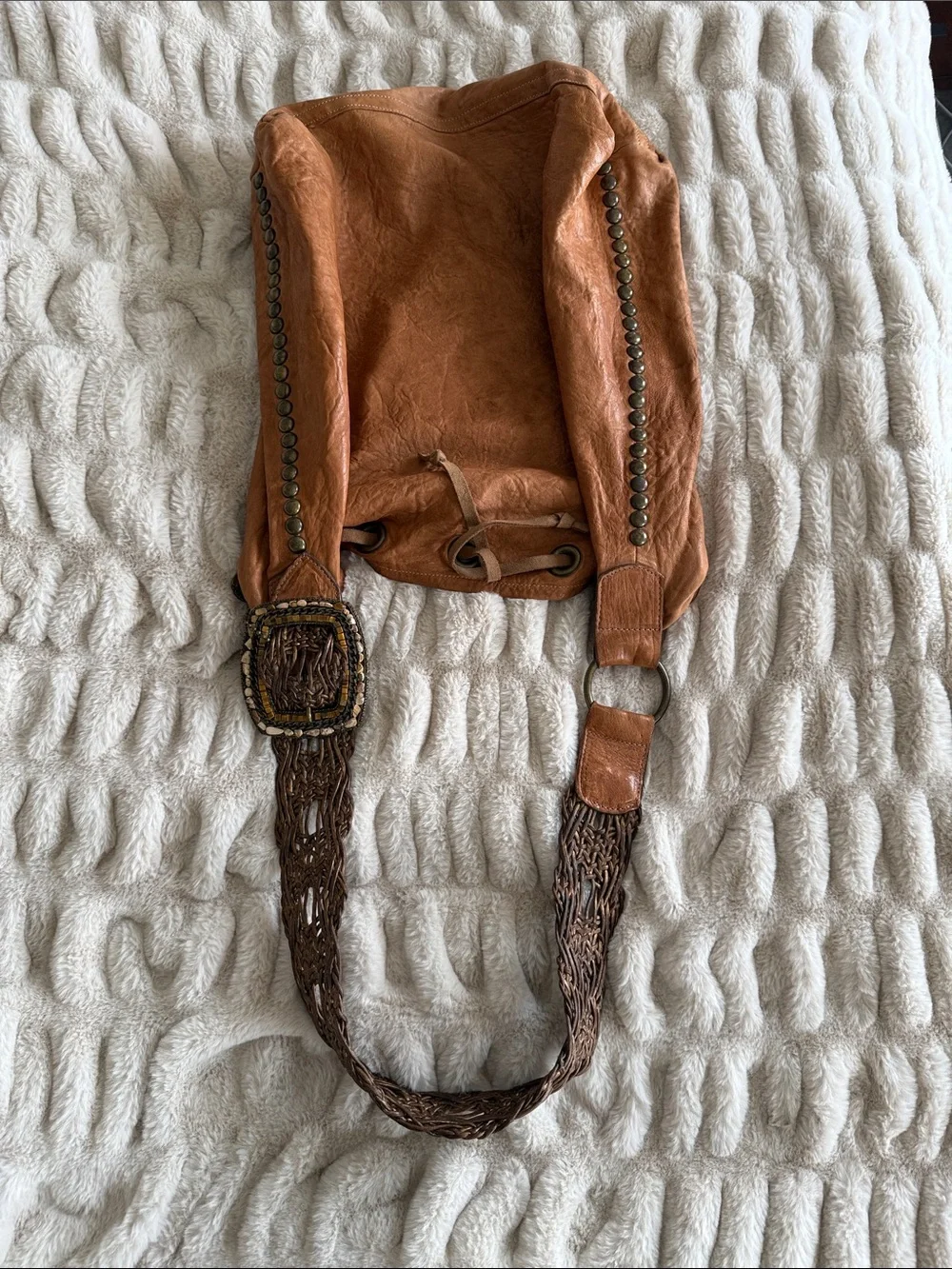 Leather Rock Cognac Drawstring Hobo Bag with Woven Strap